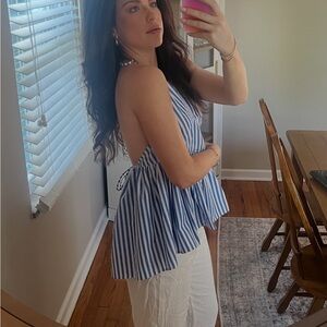 Free People Striped Halter Blouse in Blue and White